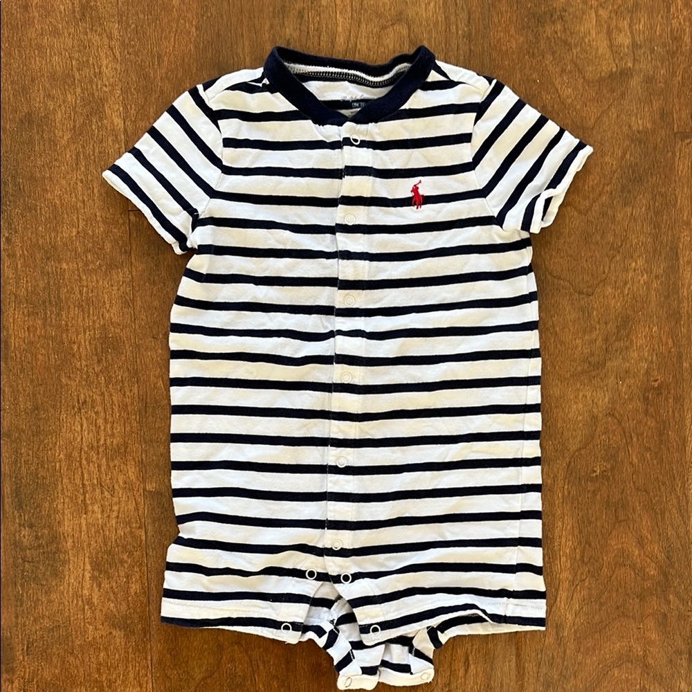 Ralph Lauren Striped Baby Romper with Red Logo